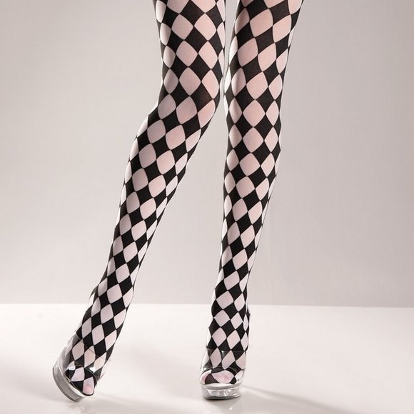 Black White Checkered Harlequinn Tights Opaque Full Footed Pantyhose - Picture 2 of 6
